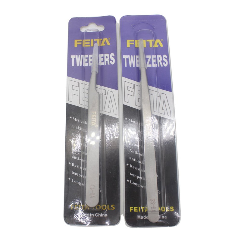 [Australia] - FEITA Precision Tweezers Professional Stainless Steel Straight & Slanted Tip Best Tweezers Set for Eyelash Extension, Craft, Jewelry, Eyebrow & Ingrown Hair Removal (Silver 2Pcs) 