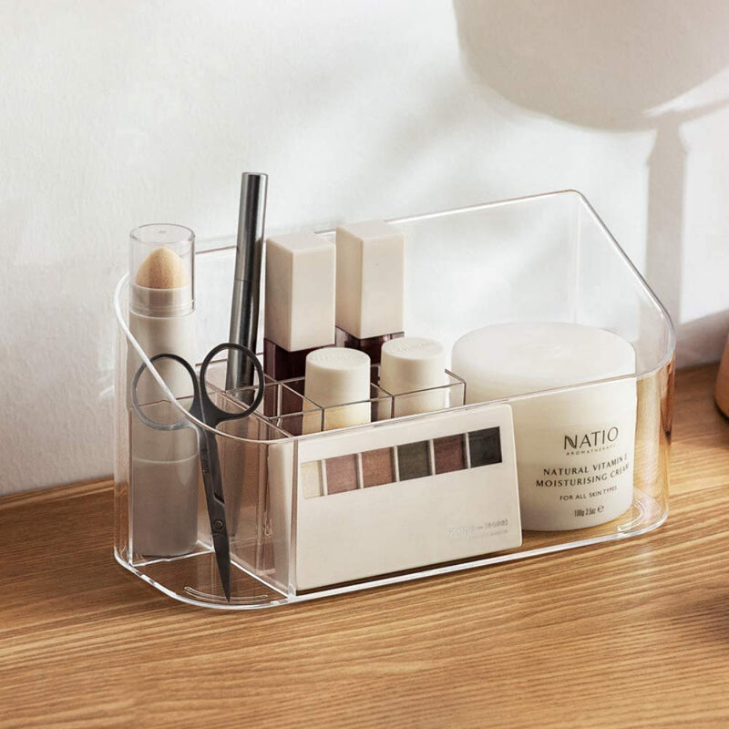 [Australia] - LINFIDITE Makeup Tray Organizer Lipgloss Organizer Bathroom Cabinet Cosmetic Storage Tray Makeup Display Tray Case with 9 Compartments 2 Removable Dividers for Beauty Essentials Crystal Clear 