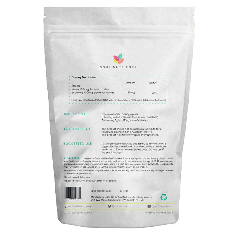 [Australia] - Iodine 150mcg 120 Tablets | Max Strength Natural Source of Iodine from Potassium Iodide | Pregnancy Health & Thyroid Supplement | Vegan UK Made | GMP Approved | Soul Nutrients 