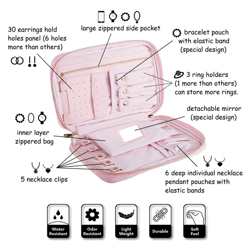 [Australia] - Travel Jewelry Organizer with a Detachable Mirror- Jewelry Case - Jewelry Storage Box for Earrings, Rings, Necklace, Bracelets - Women Quilted Jewelry Box Organizer - Girl Portable Jewelry Case (Pink) 