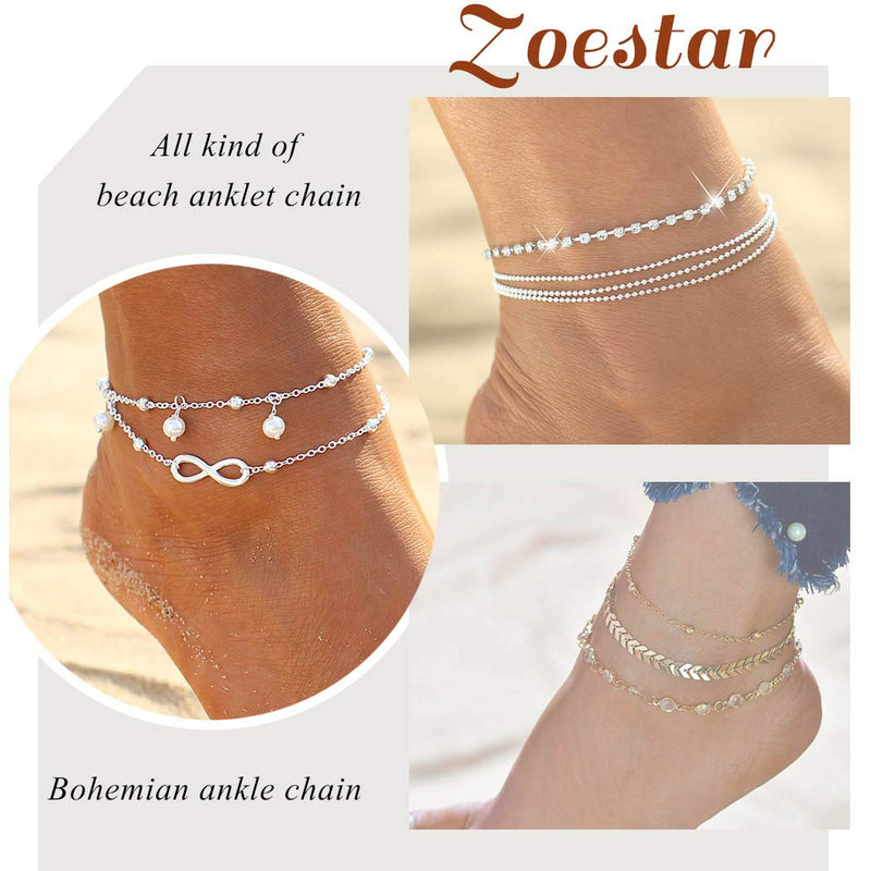 [Australia] - Zoestar Beach Pearl Anklet Bracelet Eternal Foot Jewelry Accessories for Women and Girls (Silver) Silver 