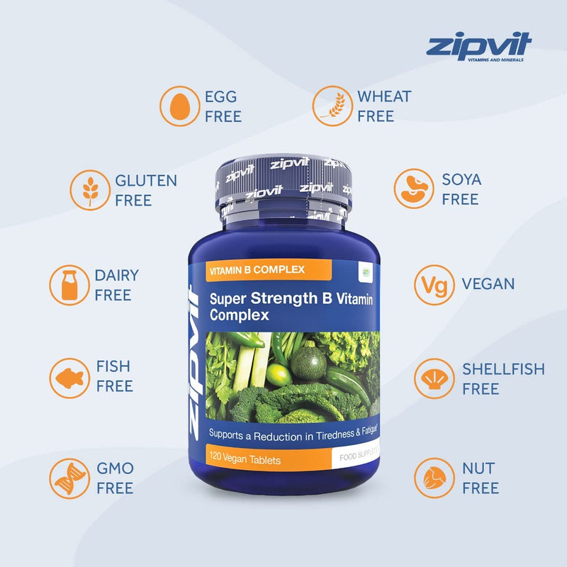 [Australia] - Super Strength B Vitamin Complex, 120 Vegan Tablets. 4 Months Supply. Vitamin B1, B2, B3, B5, B6, B12, Biotin, Choline. Supports Focus, Mental Performance, and Energy. UK Supplier. 