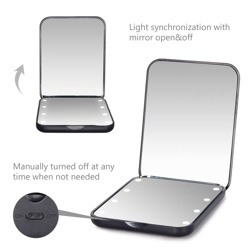 [Australia] - wobsion Pocket Mirror, Led Compact Mirror,1x/3x Magnifying Mirror with Light,2-Sided Handheld Magnetic Switch Fold Mirror,Small Travel Makeup Mirror,Lighted Compact Mirror for Purse,Gifts(Black) Battery Black 
