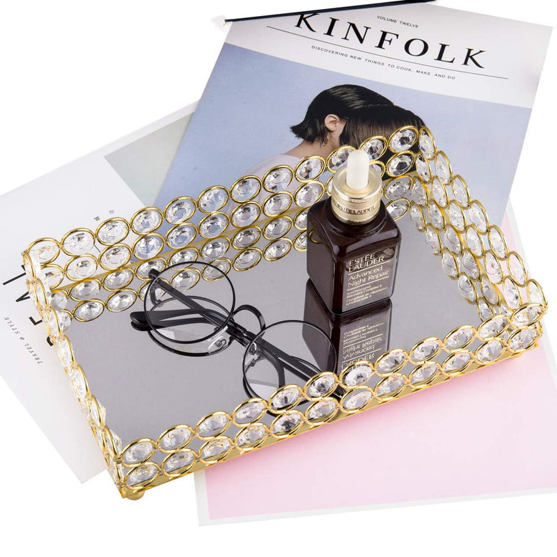 [Australia] - Feyarl Crystal Mirrored Cosmetic Tray Vanity Rectangle Jewelry Trinket Organizer Tray Decorative Tray Storage Home Deco Wedding Dresser Birthday Gift(Gold) Gold 