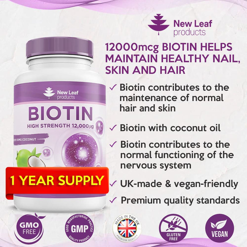 [Australia] - Biotin Hair Growth Supplement Biotin Tablets 12000mcg (1 Year Value Supply) Enriched with Coconut Oil, High Strength Hair, Skin and Nails Beauty Vitamins for Women & Men One A Day Vegan, UK Made 365 Count (Pack of 1) 