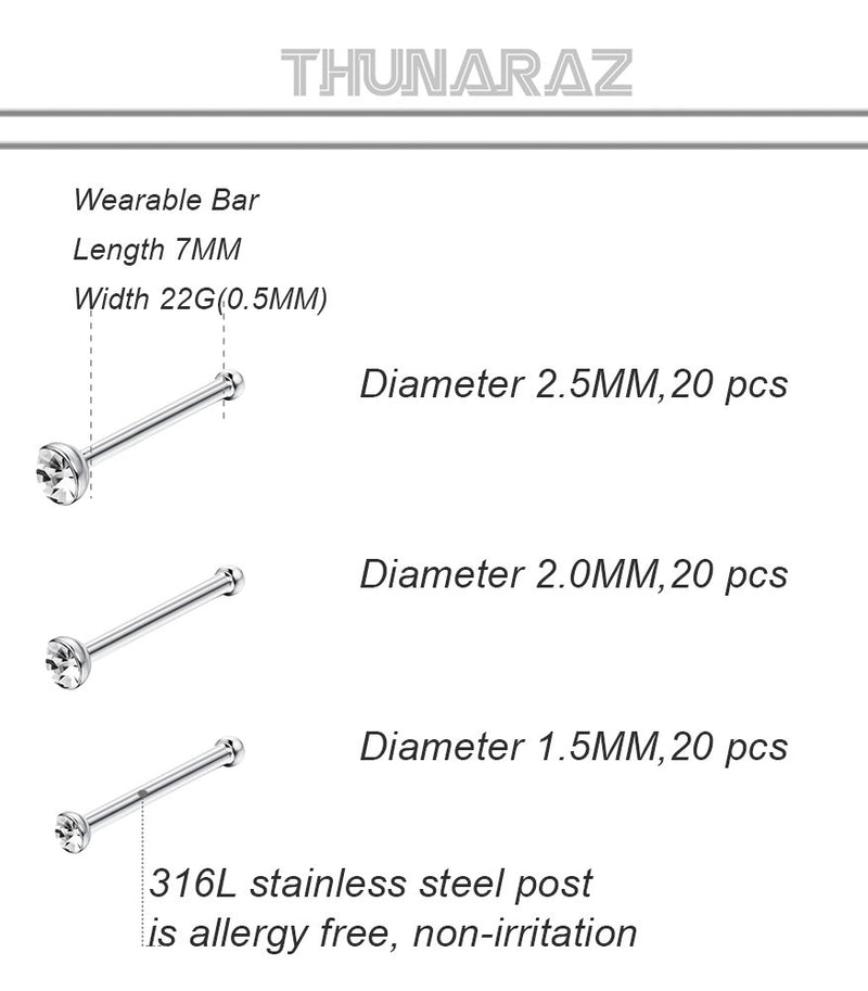 [Australia] - Thunaraz 60-120pcs Stainless Steel Nose Studs Rings Piercing Pin Body Jewelry 20G-22G 1.5mm 2mm 2.5mm A:White CZ--20pcs 1.5mm + 20pcs 2mm + 20pcs 2.5mm 