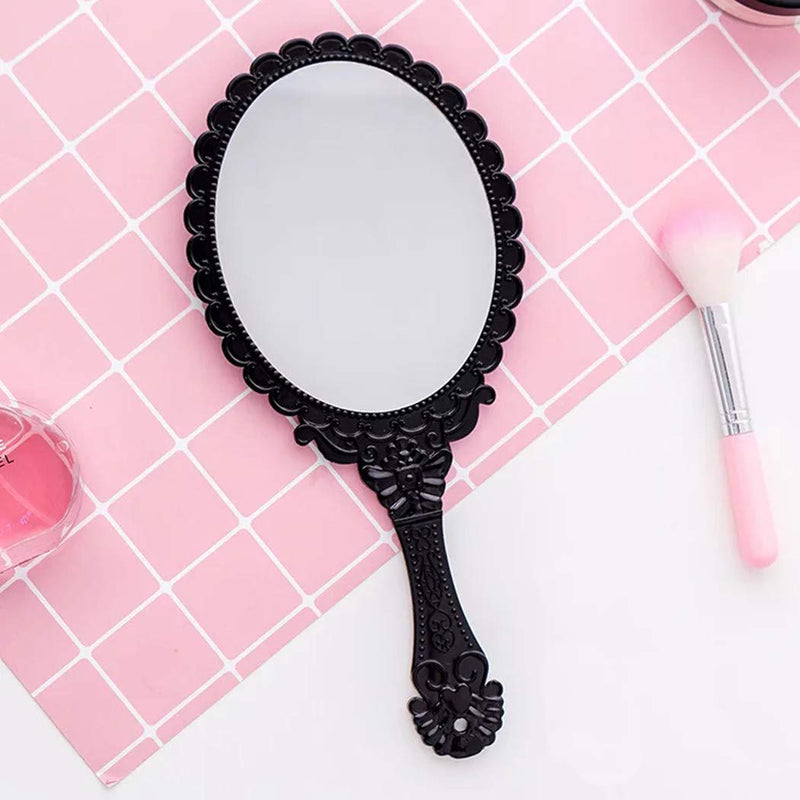 [Australia] - Dzrige Handheld Mirror Vintage Pattern Handle Makeup Mirror Hand Held Travel Mirrors Personal Cosmetic Mirror with Powder Puff (Black) 