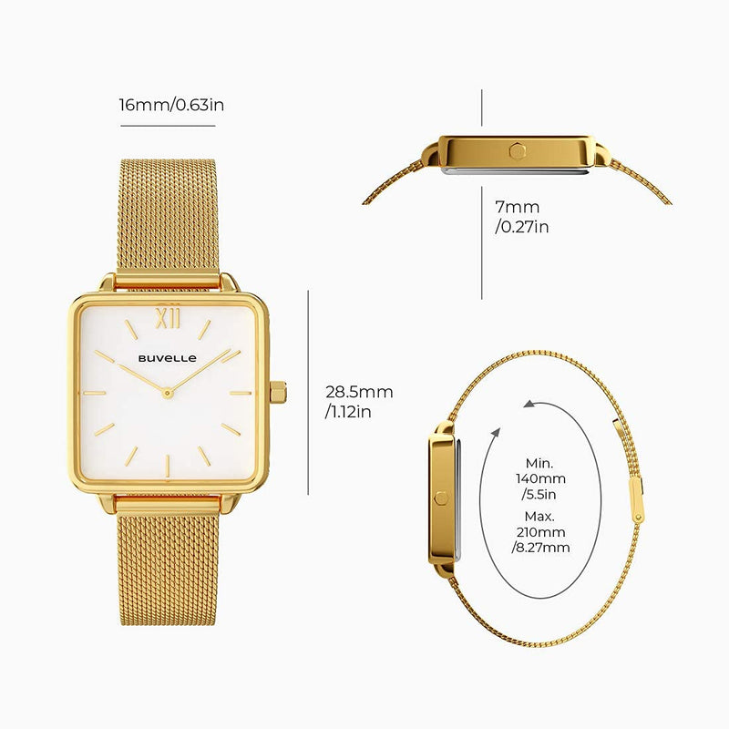 [Australia] - BUVELLE Women Watch On A Mesh Bracelet Analogue Waterproof Stainless Steel Square Case White Dial for Business and Casual Simple Look Gold/White 