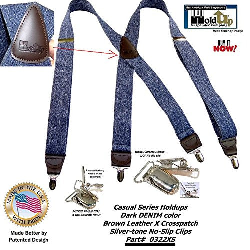 [Australia] - HoldUp Brand Dark Blue Denim X-back Suspenders with patented No-slip Nickel plated Clips 