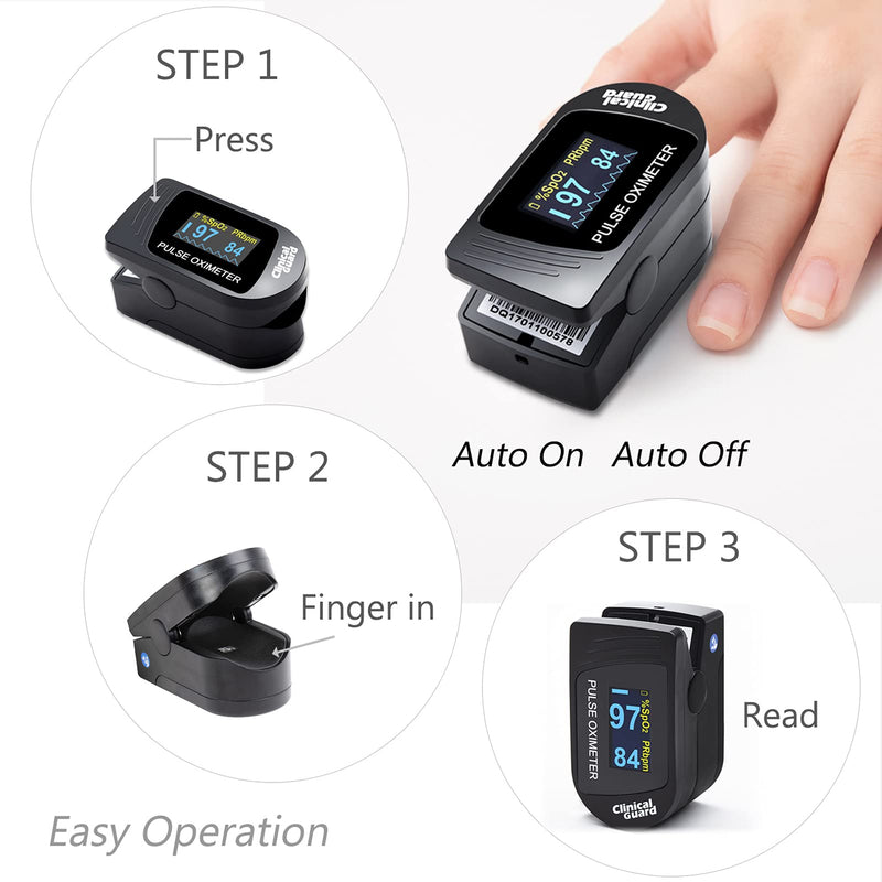 [Australia] - Clinical Guard 500S Deluxe Fingertip Pulse Oximeter Blood Oxygen Saturation Monitor with Heart Rate Tracker, OLED Display, Silicon Cover & Case, Midnight Black 
