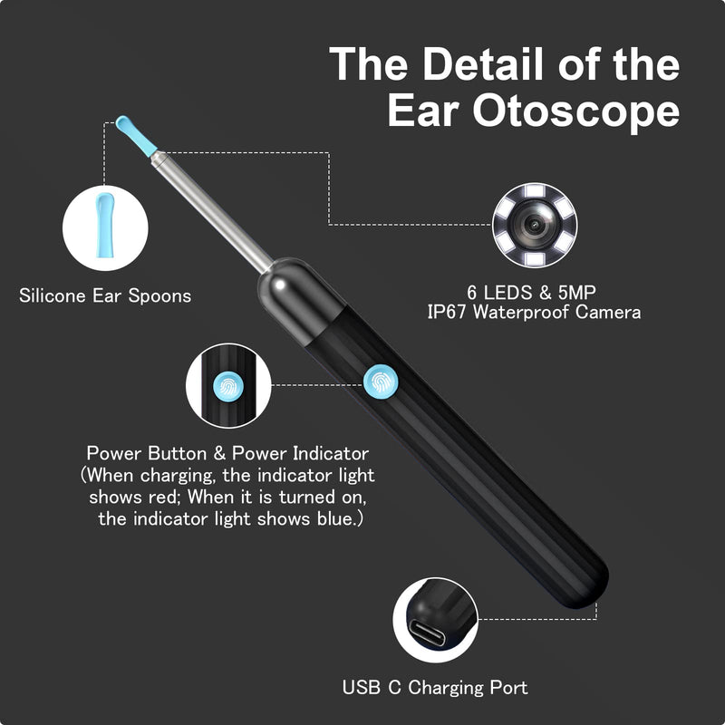 [Australia] - Ear Wax Removal, 1080P Ear Otoscope, Wireless Ear Wax Remover Tool, Ear Camera with 6 LED Lights Compatible with iPhone, iPad & Android Black 