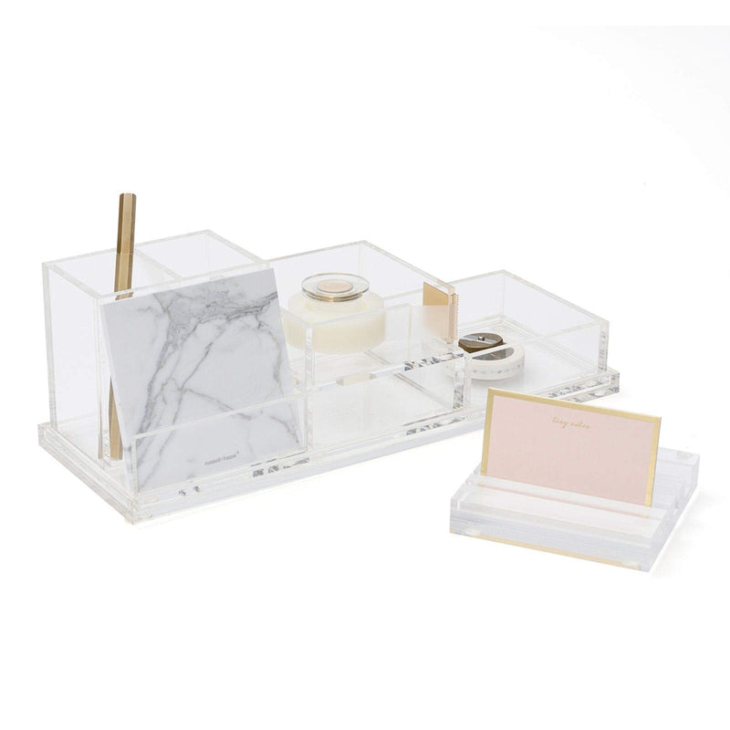 [Australia] - russell+hazel Acrylic Pencil Bloc Two Compartment Pen Cup with Business Card Holder, Clear, 4” x 4” x 4” Dual Pen and Card Holder 