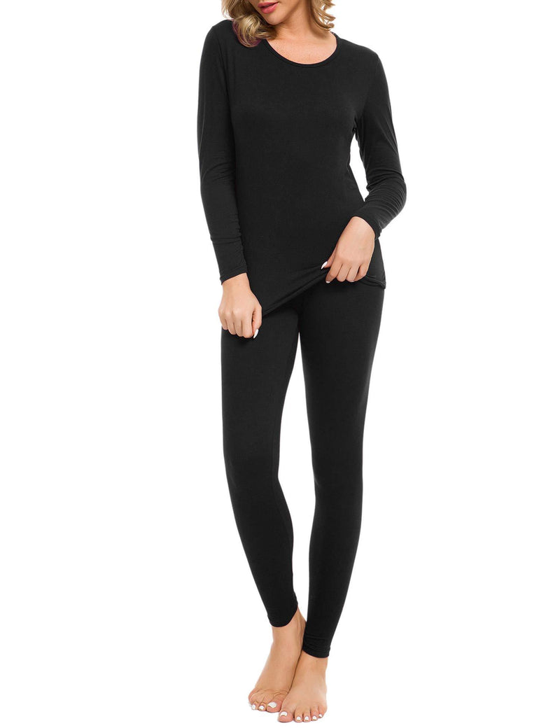 [Australia] - iWoo Womens Thermal Underwear Set Ultra Soft Crew Neck Long Sleeved Base Layer Tops & Bottoms Black XXL 