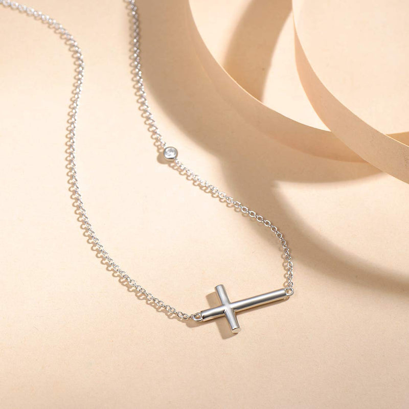 [Australia] - FANCIME White Gold Plated 925 Sterling Silver High Polished Horizontal Plain Sideways Cross Crucifix Pendant Necklace Fine Jewelry For Women Girls, 16" + 2" Silver with CZ 