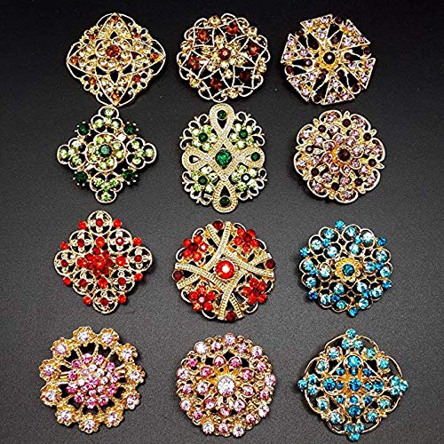 [Australia] - Lot 12pc Multi-Color Rhinestone Crystal Flower Brooches Pins 