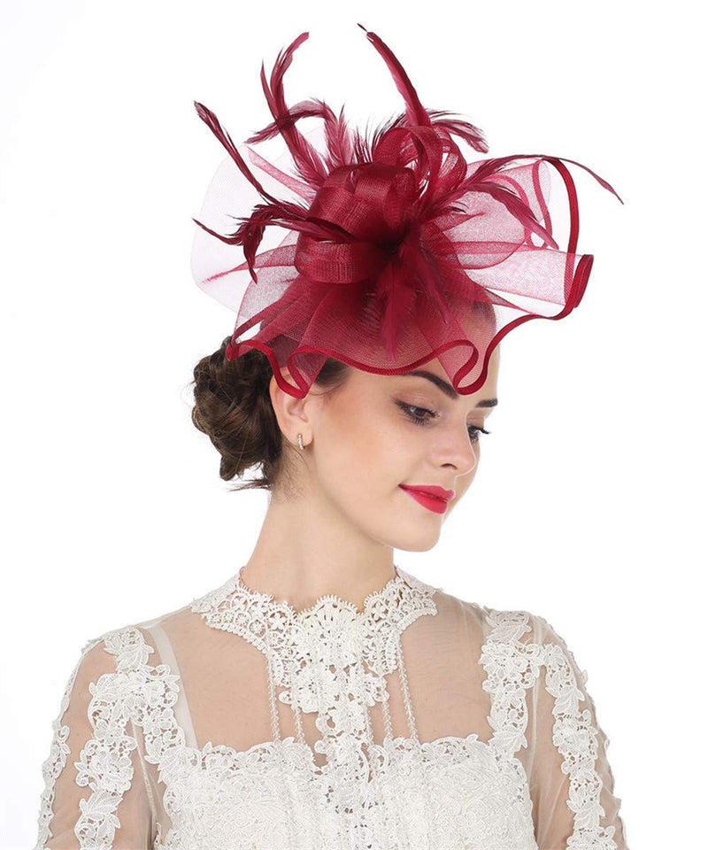 [Australia] - Lucky Leaf Girl Lady Hat Headwear Organza Church Feather Clip Fascinators Hat Wedding Party Kentucky Derby Cap for Women 5-burgundy 