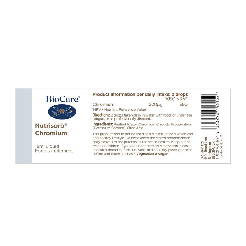 [Australia] - BioCare Nutrisorb Chromium | Supports the Maintenance of Normal Blood Glucose Levels | Purified Water Base | Suitable for Vegetarians and Vegans | 15 ml 