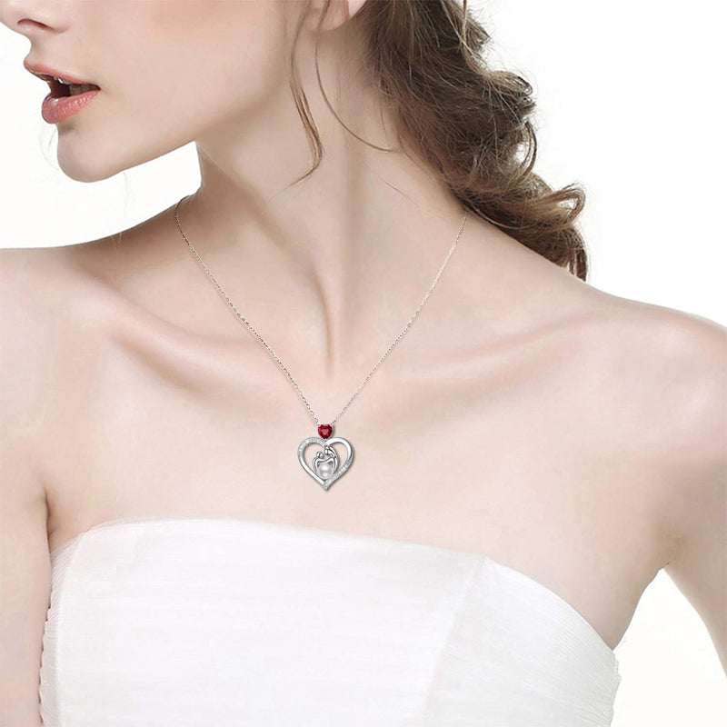 [Australia] - Birthday Gifts for Mom Ruby Necklace for Mother Daughter Pearl Jewelry Sterling Silver Mother and Child Heart Jewelry Gifts for Wife Anniversary 