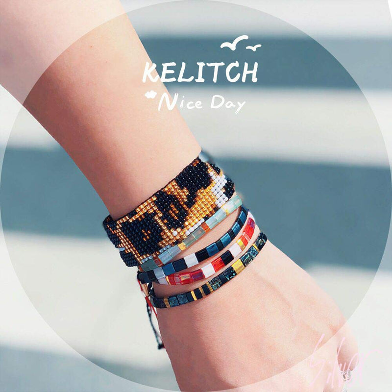 [Australia] - KELITCH New 2021 Miyuki Tila Beads Bracelets Colorful Strand Stretch Bracelets Stackable Friendship Bracelets Black 11B 