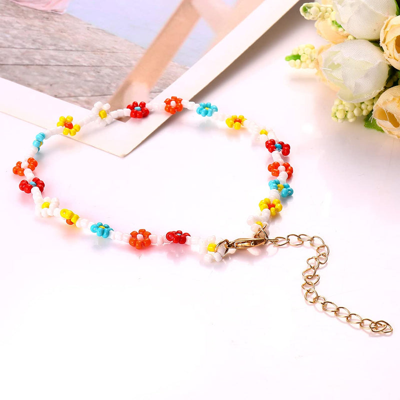 [Australia] - Beaded Anklets for Women Boho Cute Daisy Flower Bead Ankle Bracelets Handmade Waterproof Surfer Anklet Summer Beach Foot Jewelry for Women Teen Girls Colorful flower bead anklet 