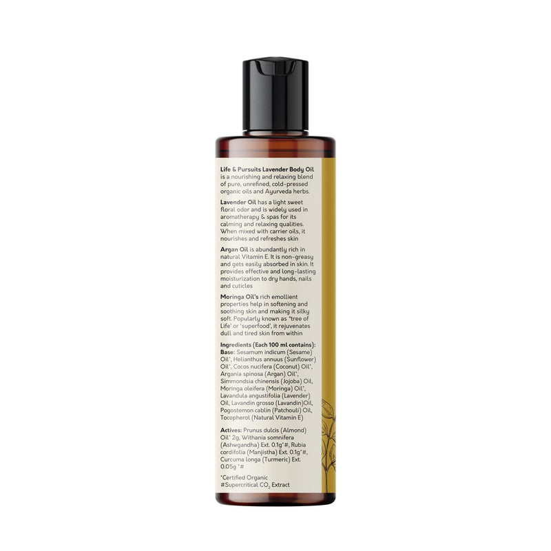 [Australia] - Life & Pursuits Lavender Body Oil (200 ml), Ayurveda Moisturizing Massage Oil for Skin & Face, Made with Organic Sesame Oil, Sunflower Oil, Argan Oil, Moringa Oil, Jojoba & Coconut Oil 