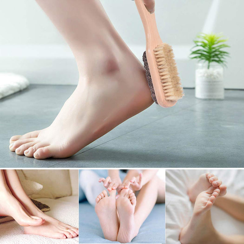 [Australia] - OWIIZI Foot File Callus Remover Natural Earth Lava Pumice Stone & Bristle Brush Combo Wooden Handle W/Rope Exfoliator Pedicures Foot Scrubber Smoother Feet for Shower 