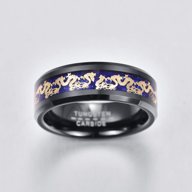 [Australia] - Merthus 8mm Men Carbon Fiber Inlay Wedding Band Black Tungsten Carbide Dragon Pinky Ring Comfort Fit Blue 8 