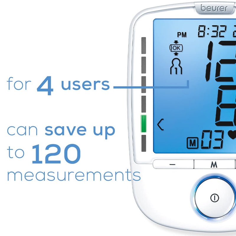 [Australia] - Beurer BM47 Upper Arm Blood Pressure Machine - XL Backlit Display, 4 Users, 120 Memory Spaces, Adjustable BP Cuff, Automatic & Digital Blood Pressure Monitor, Irregular Heartbeat Detector BM47 - Backlit Display 