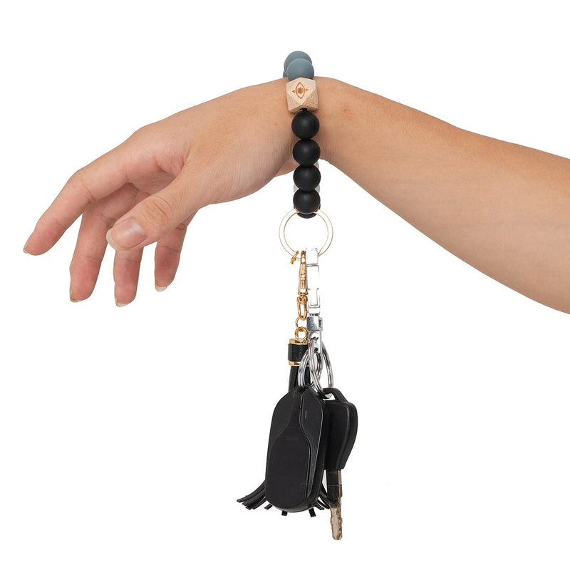 [Australia] - Silicone Keyring Bracelet - Wrist Key Ring Beaded Wristband Keychain Holder with Leather Tassel and Pendants Black 