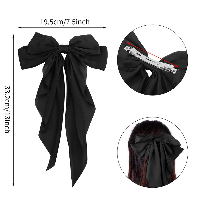 [Australia] - RosewineC 2 PCS Bow Hair Clips Solid Color Bow French Automatic Hair Clip with Long Silky Satin Tail Large Bows for Simple Women Girls Barrettes Hair Fastener Accessories (Black & White) 