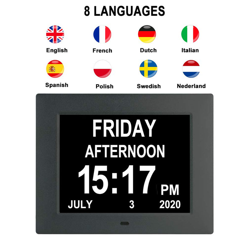 [Australia] - LaMi 7 inch Digital Day Calendar Clock with 8 Alarm ,Auto-Brightness,Extra Large Non-Abbreviated Date Day Time Dementia Clock for Elderly, Seniors,Vision Impaired 7 Inch Black 