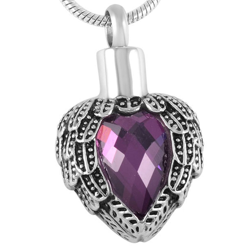 [Australia] - Glass Angel Wings Heart Cremation Urn Necklace Memorial Jewelry for Ashes Urn Locket Pendant - Always in My Heart Purple 