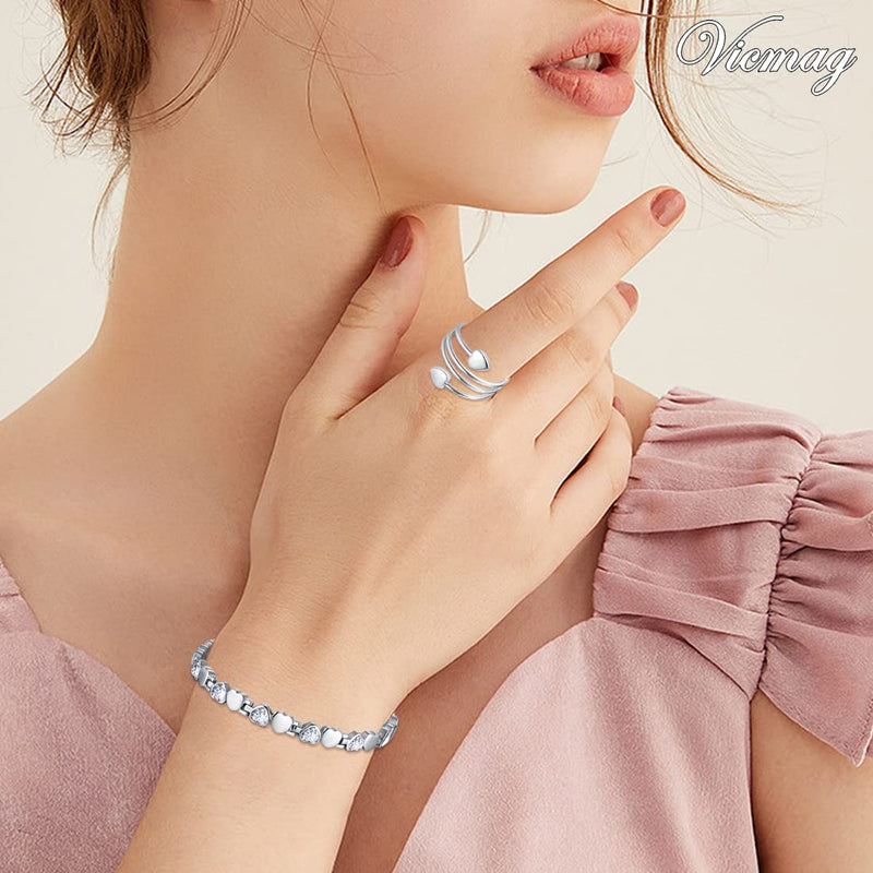 [Australia] - Vicmag Magnetic Bracelets for Women Titanium Steel Brazaletes Ultra Strength Magnetic Adjustable with Removal Tool and Gift Box (Silver Love Heart) Silver Love Heart 