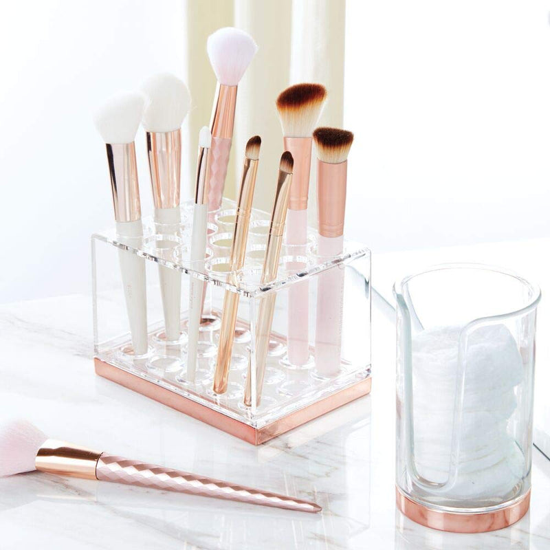 [Australia] - mDesign Plastic Makeup Brush Storage Organizer with 15 Slots for Bathroom Countertop, Vanity to Hold Eye/Lip Pencils, Lip Gloss, Liners, Lipstick - Clear/Rose Gold 