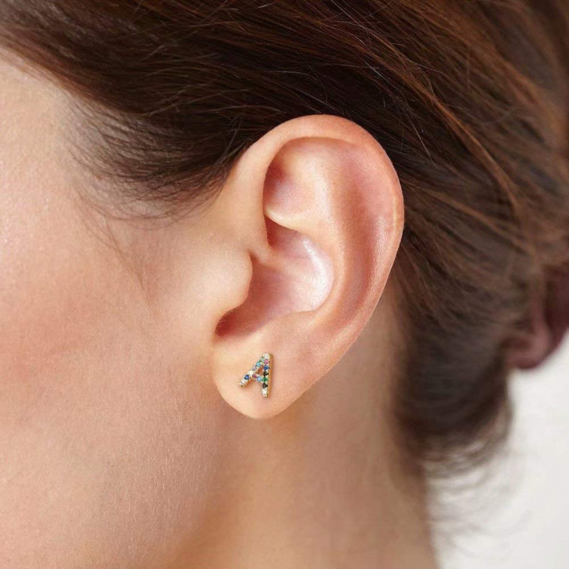 [Australia] - Initial Stud Earrings for Girls Women, Hypoallergenic 925 Sterling Silver Post Rainbow Cubic Zirconia Gold Plated 26 Initial Earrings for Girls Women Jewelry Gifts A - Gold 