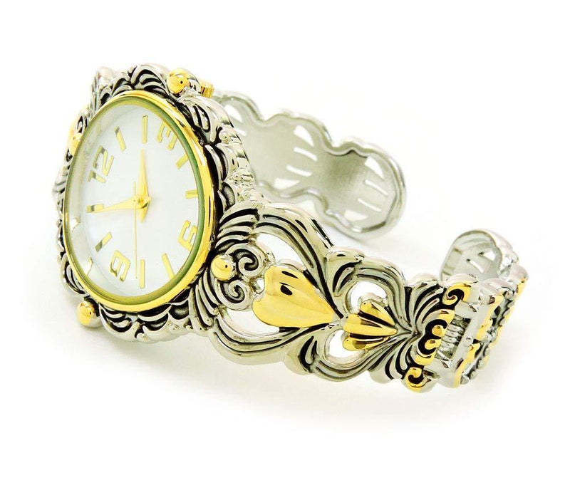[Australia] - 2Tone Metal Decorated Large Oval Face Women's Bangle Cuff Watch 