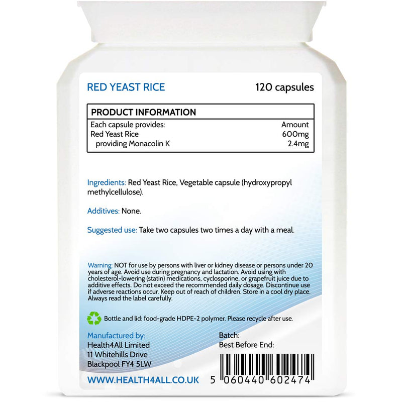 [Australia] - Red Yeast Rice 600mg 120 Capsules (V) . Purest- no additives. Vegan. Highest Safe Dosage 2400mg a Day. Made by Health4All 120 Count (Pack of 1) 