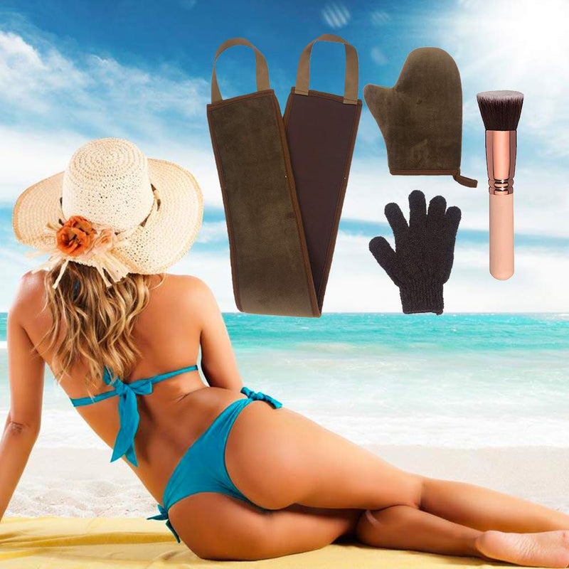 [Australia] - 4Pack Self Tanning Mitt Applicator Kit Set, with Self Tanner Mitt, Lotion Applicator for Back, Exfoliating Glove, Face Brush for Fake Bake Sunless Tan Brown 