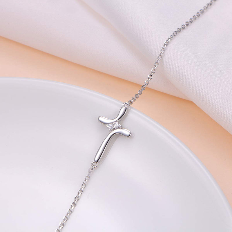 [Australia] - S925 Sterling Silver Jewelry Sideways Cross Choker Necklace 01_Love Heart CZ Cross 