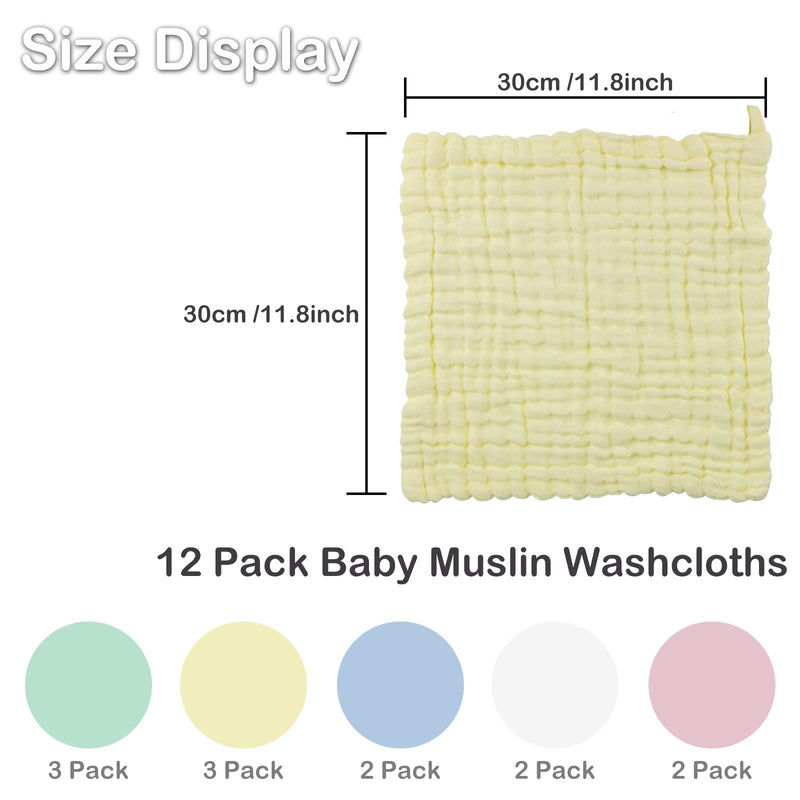 [Australia] - 12 Pcs Baby Muslin Washcloths(30 x 30cm) Natural Cotton 6 Layer Baby Muslin Square Wipes, Muslin Cotton Towel for Newborn Baby Gift 