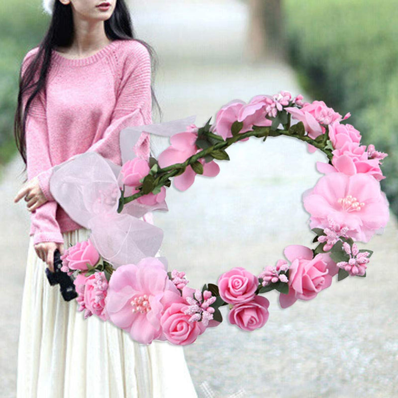 [Australia] - Minkissy Floral Crown Women Handmade Hair Wreath Wedding Bridal Flower Headband for Festival Beach Holiday(Pink) Pink 