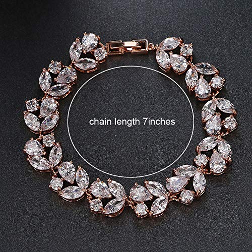 [Australia] - UDORA Cubic Zirconia Leafs Earrings Bracelet Jewelry Set For Bridal Bridesmaid Wedding Prom Rose Gold 