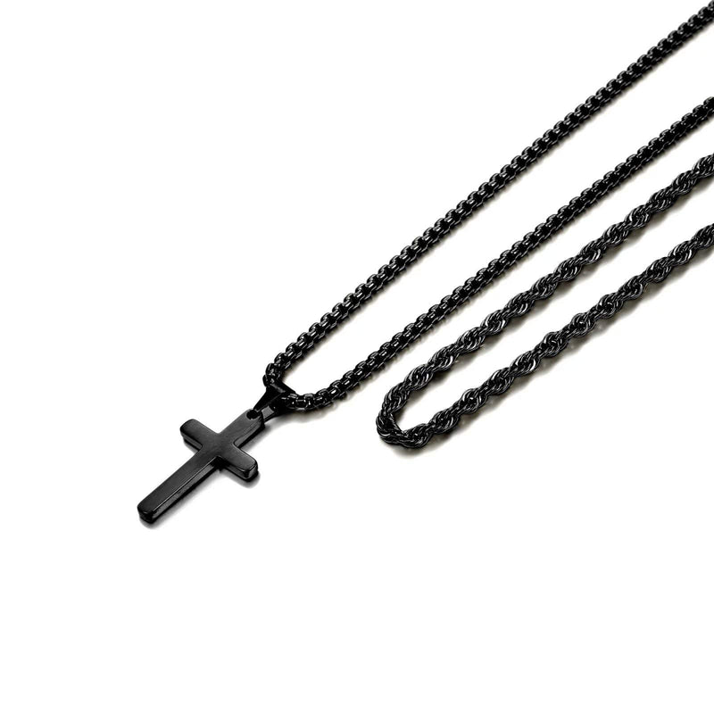 [Australia] - Ursteel Cross Necklace for Men, Stainless Steel Silver Black Gold Layered Rope Chain Cross Pendant Necklace Simple Jewelry Gifts Chain Necklace for Men, 16-26 Inches Box Chain Black:16+2/18+2 