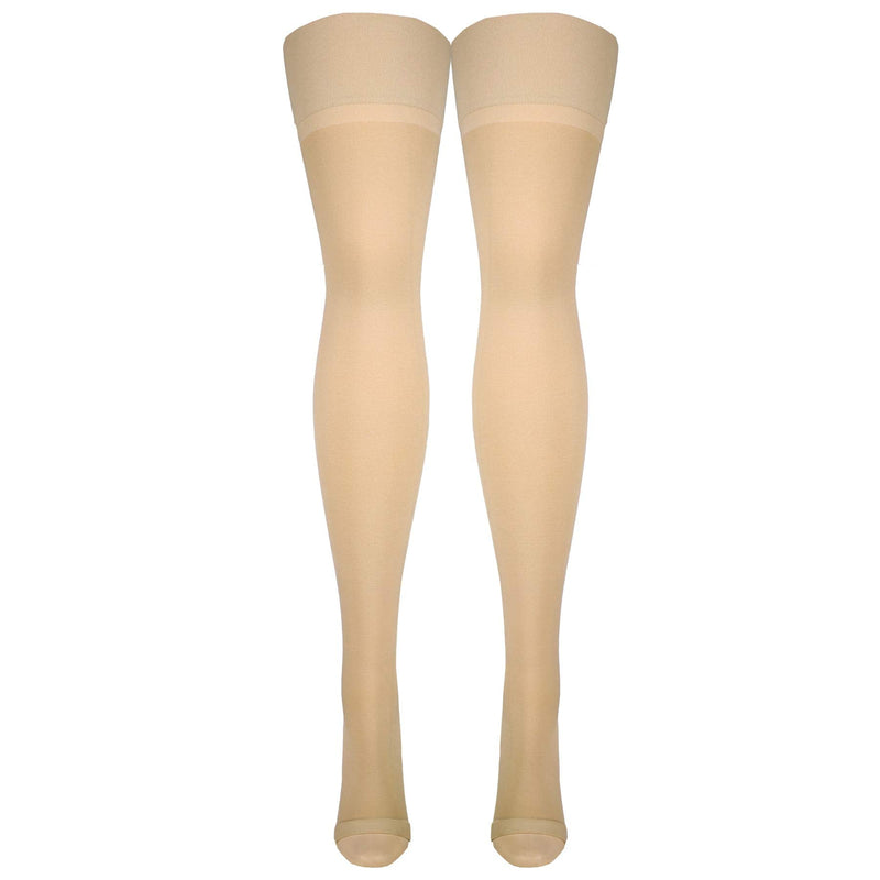 [Australia] - Truform 30-40 mmHg Compression Stockings for Men and Women, Thigh High Length, Open Toe, Beige, Medium 