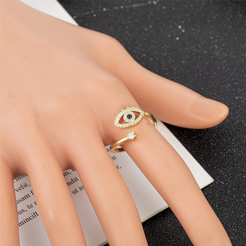 [Australia] - Evil Eye Ring for Women Men Teen Girls Boys - 18K Gold Plated Zircon Inlay Open Ring, Wide Evil Eye Mid Rings 01.eye & zircon 