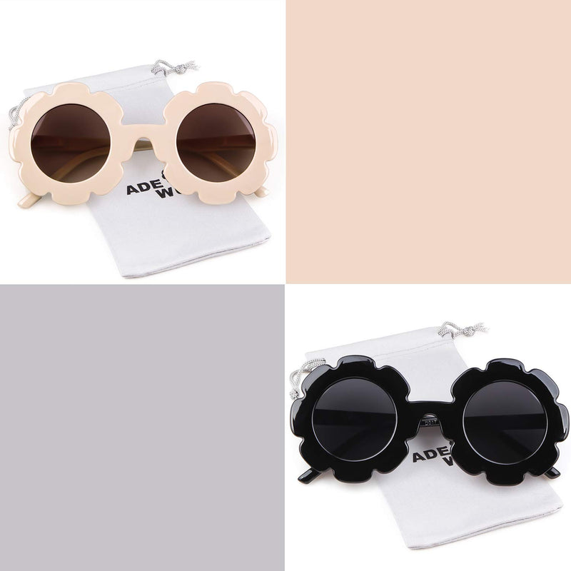 [Australia] - Sunglasses for Kids Round Flower Cute Glasses UV 400 Protection Children Girl Boy Gifts (2 Pack)beige+black 