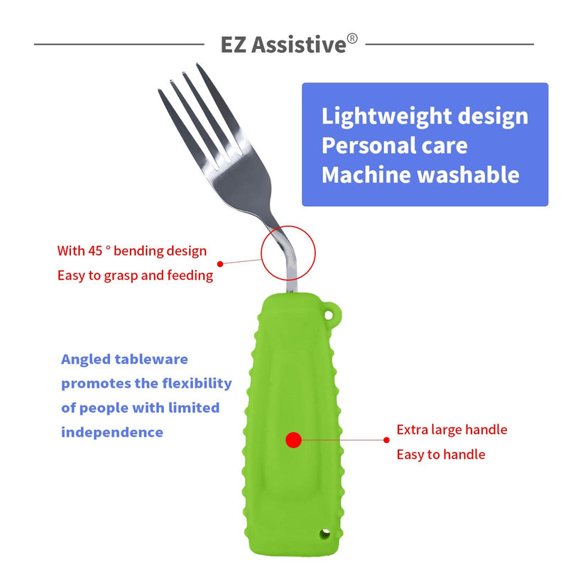 [Australia] - EZ Assistive Adaptive Spoon and Fork Easy to Hold for Independent Eating, Weighted Utensils for Hand Tremors (Green Fork Right Hand) Green Fork Right Hand 