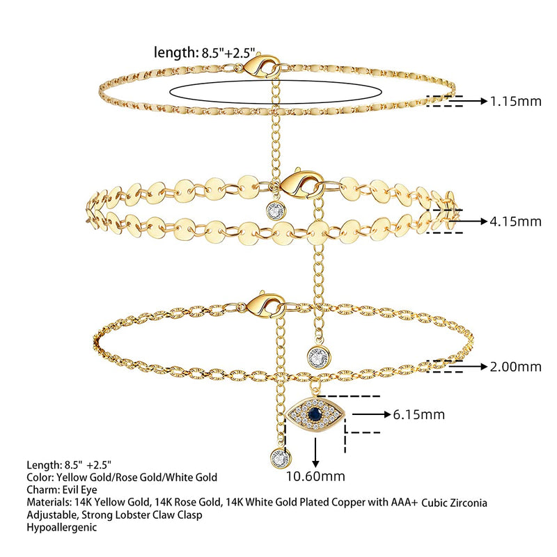 [Australia] - Gold Anklet for Women 14K Real Gold Silver Plated Anklet Evil Eye Anklet Cubic Zirconia Diamond Anklets Rhinestone Anklet Dainty Flower Layered Anklet Set 3pcs Rose Gold Evil Eye 