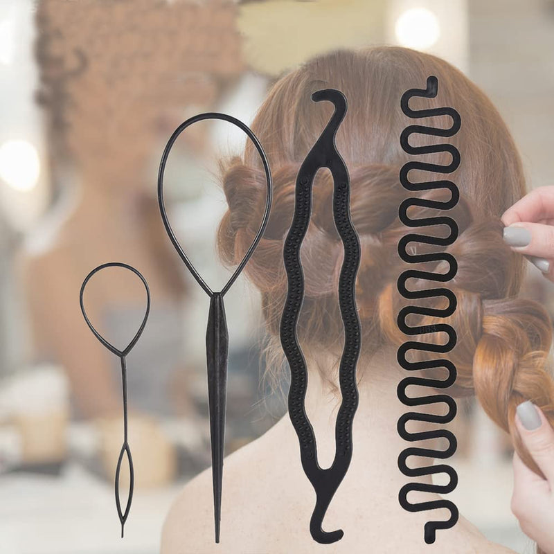 [Australia] - Hair Styling Set, Fashion Hair Design Tools Accessories Hair Style Bun Braid Maker Kit Stretch DIY Modelling Loop Tool Magic Simple Fast Spiral Hair Braiding Topsy Tail for Hairdress Girls Women(4Pcs) 