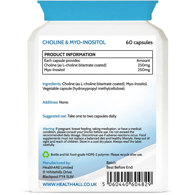 [Australia] - Choline 250 mg & Myo-Inositol 250mg 60 Capsules (V) Purest - Titanium Dioxide Free. Mood, Learning, Memory and Liver Support. Made in The UK by Health4All. 60 Count (Pack of 1) 